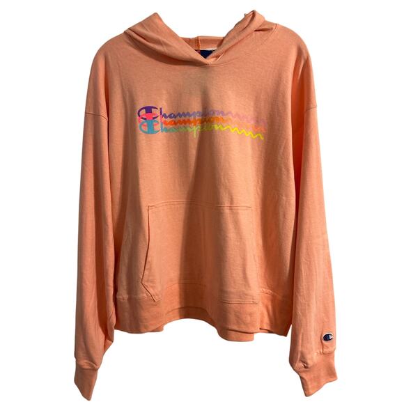 Champion Women’s Hooded Sweatshirt Size Large Peach with Colorful Logo NWT - Picture 1 of 6
